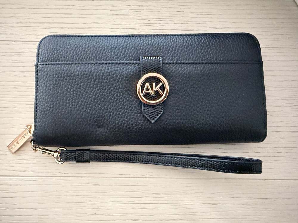 Anne Klein Black Saffiano Bifold Wristlet Wallet with Lion Charm
